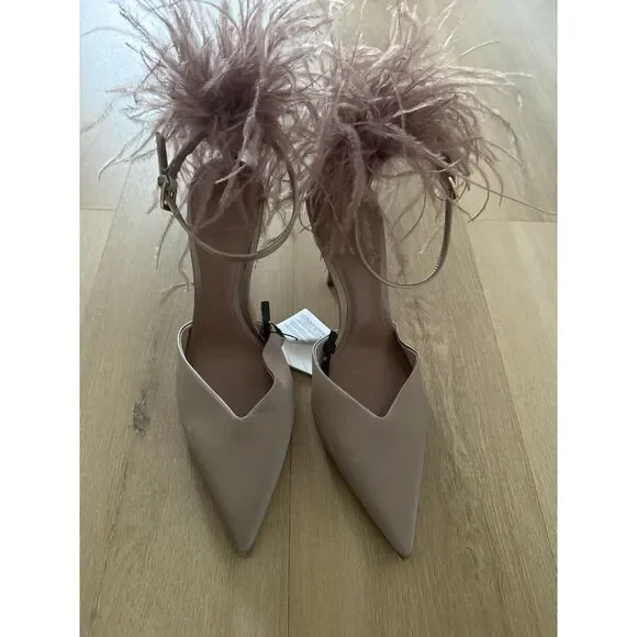 ZARA Feather Heeled Shoes Beige Satin Slingback Rare Size 10 - Picture 3 of 5